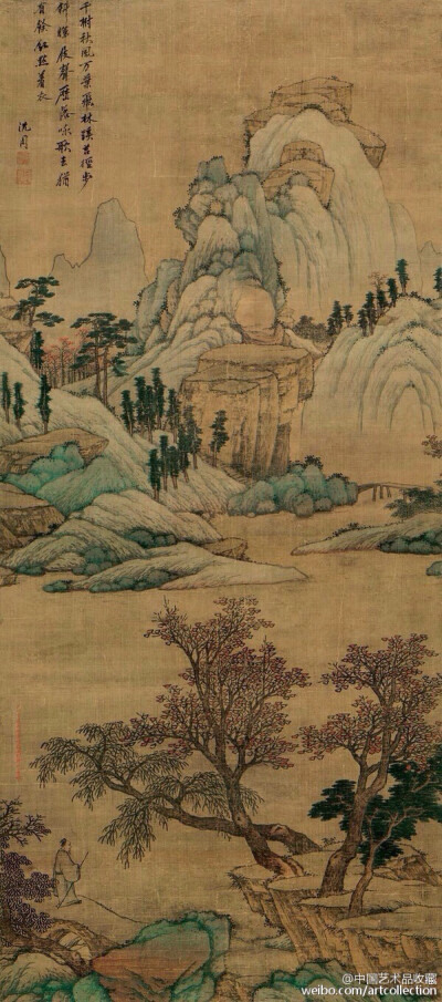 【 明 沈周 《青绿山水图》 】立轴，绢本设色，124×55cm，天津博物馆藏。 沈周的青绿山水有两种风格，一种是以瘦硬的直线勾勒山石形体，略加皴擦，然后再涂石青、石绿、赭石，最后点染收拾而成，画面显得青翠淡雅：…