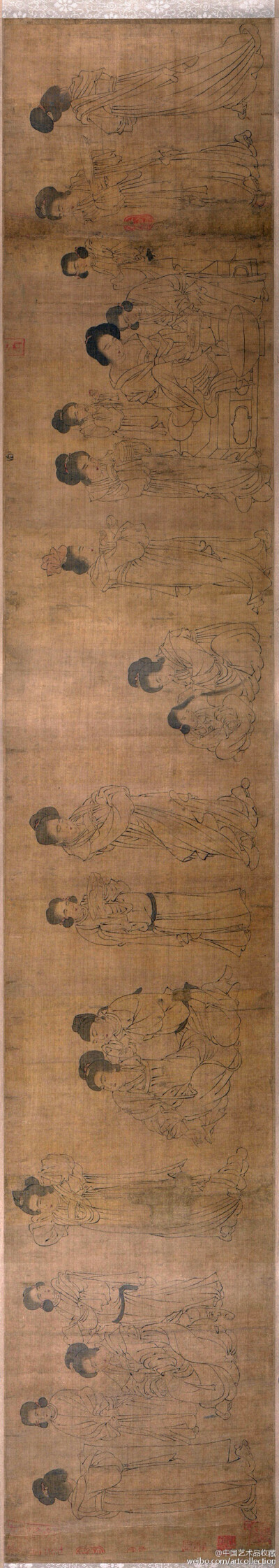 【 五代 周文矩 《唐宫春晓图》 】卷，绢本，26×146.7cm，美国大都会艺术博物馆藏。《宫女图》之一，此卷为南宋摹本，1947年左右流出海外。现在分为了三段，分藏于大都会博物馆（名唐宫春晓图）、哈佛大学福格博物馆…