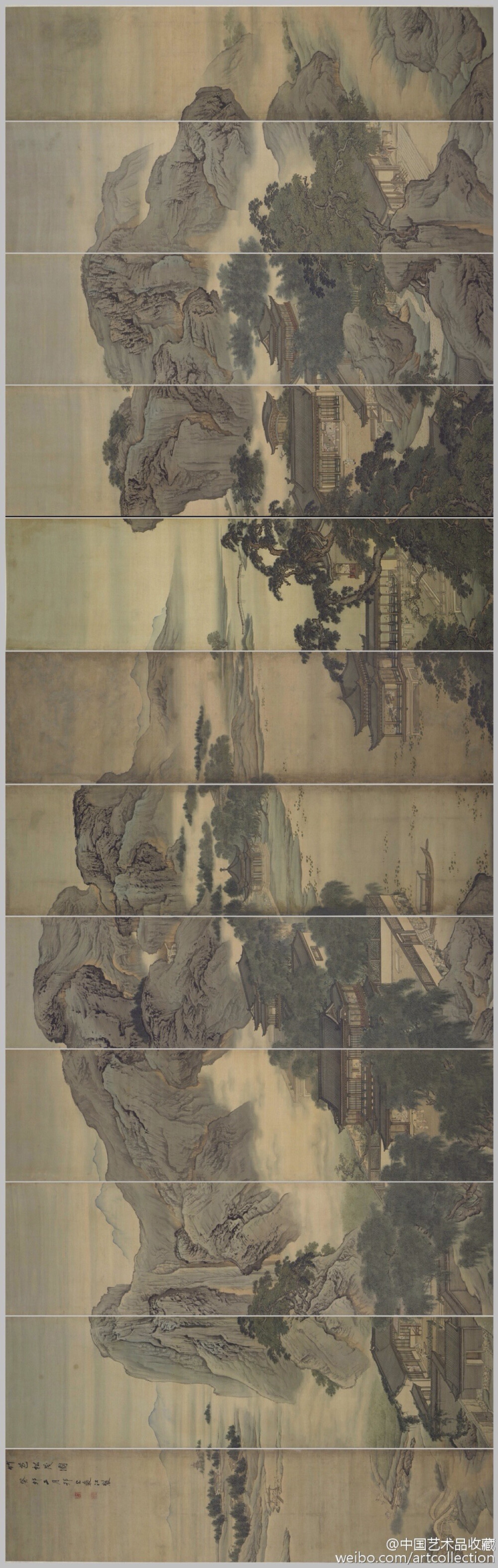 【 清 袁江 《竹苞松茂图》】十二通景屏，绢本设色，231.5×67cm×12，1723年作，北京故宫博物院藏。此幅描绘作者理想中的仙山、楼阁、屋宇为苍松茂竹所环抱，将雄伟壮阔的青绿山水与富丽堂皇的楼阁建筑恰到好地融为一，既精细入微，又大气磅礡，极大地提高了传统界画的表现能力和艺术感染力。