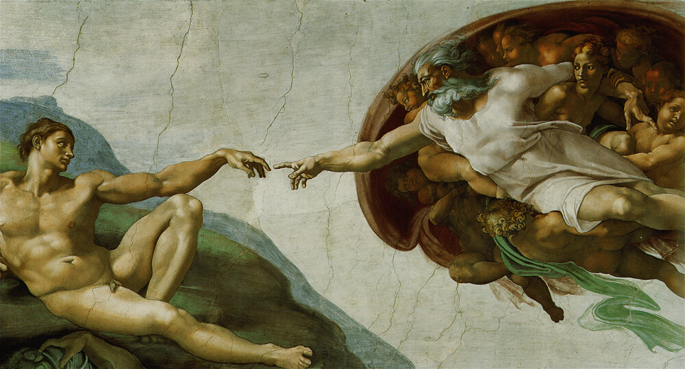 创造亚当﹝The Creation of Adam﹞ 1510 年 湿壁画，拱顶装饰画，280 x 570 公分 西斯廷礼拜堂，梵蒂冈﹝Vatican﹞ 米开朗基罗