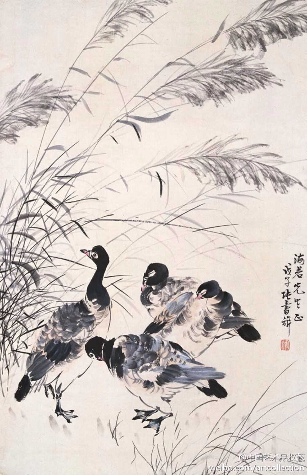 【 张书旂 《花鸟图》 】张书旂（1900-1957）的花鸟画，继承了中国画以形写神的传统创作方法。张书旂觉得师古人、师前人莫如师自然更生动。他每于清晨薄暮，蹲身秘处，窥视鸟儿之神态，故所作花鸟画，纯从写生中得来，动作的自然，色彩的正确，乃在写生之外，另有观察的工夫和心中意会的结果。