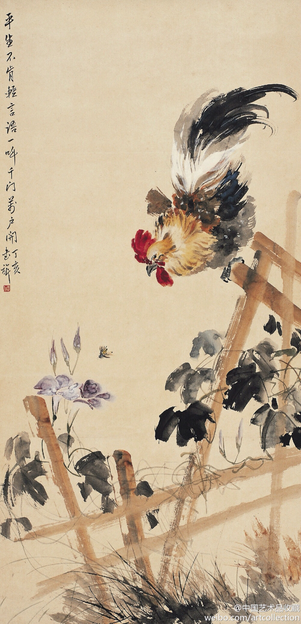 【 张书旂 《花鸟图》 】张书旂（1900-1957）的花鸟画，继承了中国画以形写神的传统创作方法。张书旂觉得师古人、师前人莫如师自然更生动。他每于清晨薄暮，蹲身秘处，窥视鸟儿之神态，故所作花鸟画，纯从写生中得来，动作的自然，色彩的正确，乃在写生之外，另有观察的工夫和心中意会的结果。