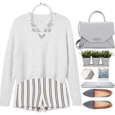 White and light grey. Long sleeve top sweater with strip shorts.