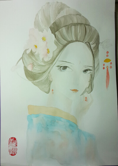 第二幅水彩，美人是我最爱