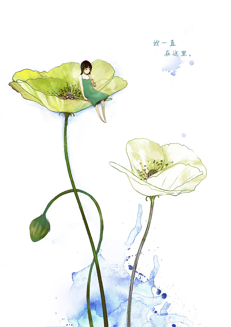 花草、水墨、封面、淡雅、唯美、插画、古风