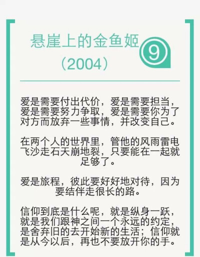 宫崎骏说过一句话:“你住的城市下雨了,很想问你有没有带伞.可是我忍住了,因为我怕你说没带,而我又无能为力.就像是我爱你却给不到你想要的陪伴.”