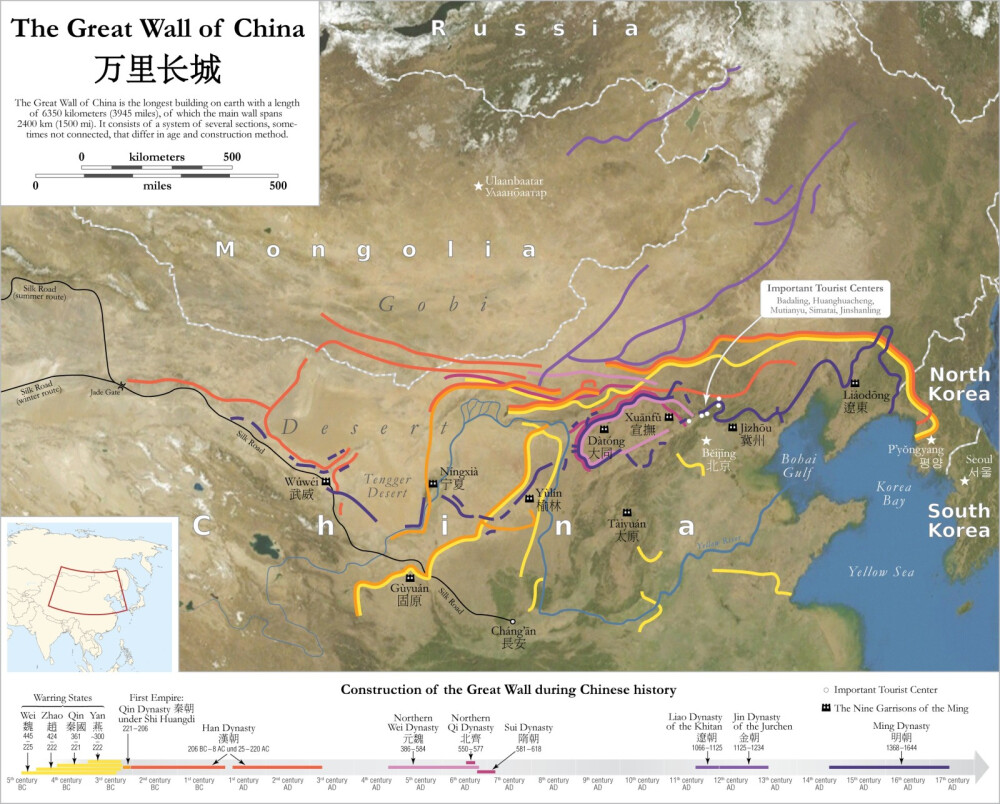 万里长城你知多少 中国长城的修筑始于春秋战国时代，已有两千多年的历史，其中尤以秦、汉、明三时期的规模最大。《延庆州志》记载：“古长城，在州南二十余里，即燕塞，燕昭王用秦开谋，置上谷塞，自上谷以北至辽西。秦始皇因其旧址而大筑之，至今岔道以北迤逦而至永宁一带遗址犹存。” 唐朝时，由于北方的突厥已经被平定而不再成为威胁，未修长城；后晋放弃燕云十六州使得宋朝修筑长城变得没有意义；元朝统治者是蒙古人，仅对一些关口做了修缮，只起到盘查路人和作为商路驿站的作用；与元朝类似，清朝也未修长城。（维基百科）