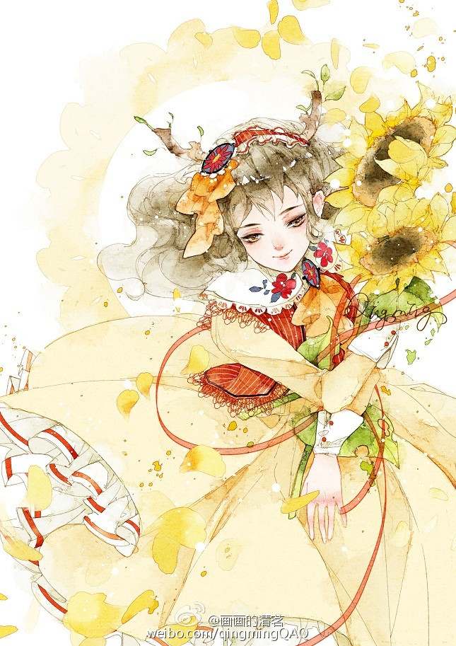 原创 清新 水彩 少女 插画 【画师：清茗】