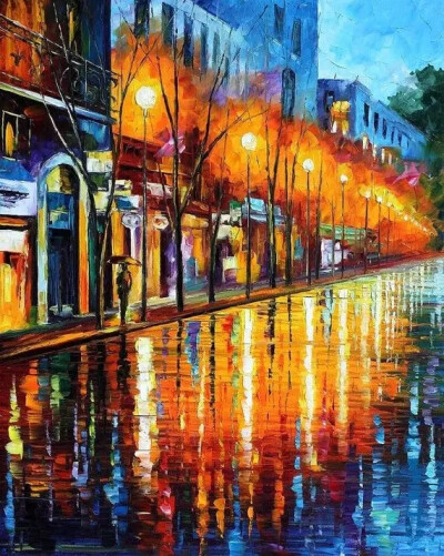 李奥尼德·阿夫列莫夫（Leonid Afremov）当代最著名的现代印象派艺术家。以调色刀作画，他的绘画技巧、色彩上的层次运用纯熟浑厚， 令人惊叹。转自烩设计