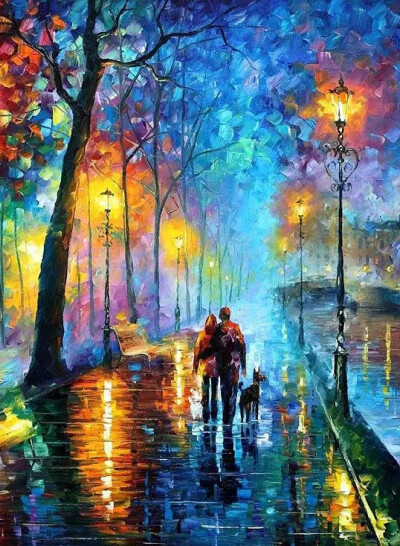 李奥尼德·阿夫列莫夫（Leonid Afremov）当代最著名的现代印象派艺术家。以调色刀作画，他的绘画技巧、色彩上的层次运用纯熟浑厚， 令人惊叹。转自烩设计