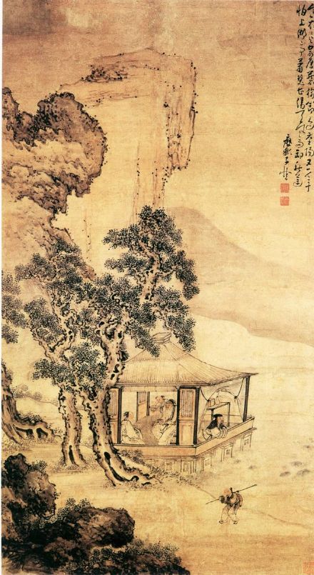 【国画1755】清 黄慎《湖亭秋兴图》—— 纸本设色，102 × 181 厘米，现藏南京博物馆。此画山石岐蹭，古树苍郁，湖水微波；亭内外人物形神皆备，各具情态，笔黑清润沉静。