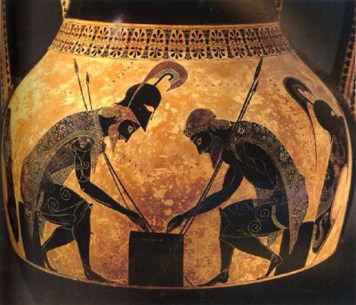 《阿克琉斯与埃阿斯玩骰子》是古希腊美术中“古风时期&amp;quot;（公元前7世纪—公元前6世纪）的代表作，它是一副陶瓶画，画面是红赭色底子上显出黑色的图案，所以又属于”黑绘”风格的画作。