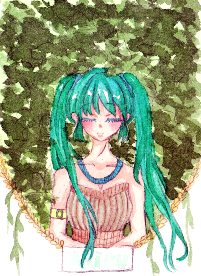  羞哒哒的水彩初音~ 来自微博@矽-化学元素硅所画的水彩