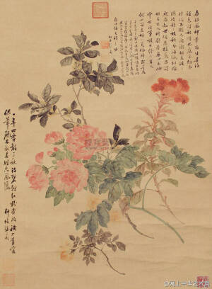 ——慈禧 《花卉画微展》 满族，1835年11月~1908年11，又称“西太后、老佛爷“..。慈禧博学多才，能书善画，书法长于行书、楷书，绘画有花卉等传世。以典型的工笔淡彩技法绘出花、叶，老枝及地面兰草没骨写意而成。设色清雅，浓淡相宜，线条圆润。叶片俯仰具动势。构图具有节奏.感。