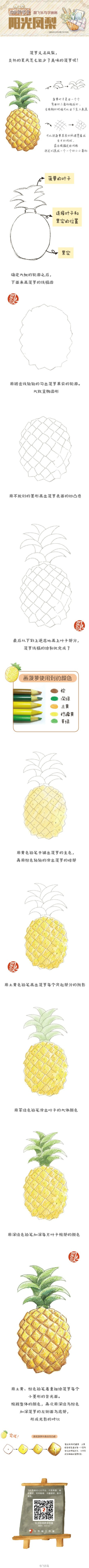 #每天10分钟# 凤梨学名Ananas comosus俗称菠萝，爱吃菠萝的同学们今天也请好好画画吧！——来自《超级色铅笔创意手绘宝典》