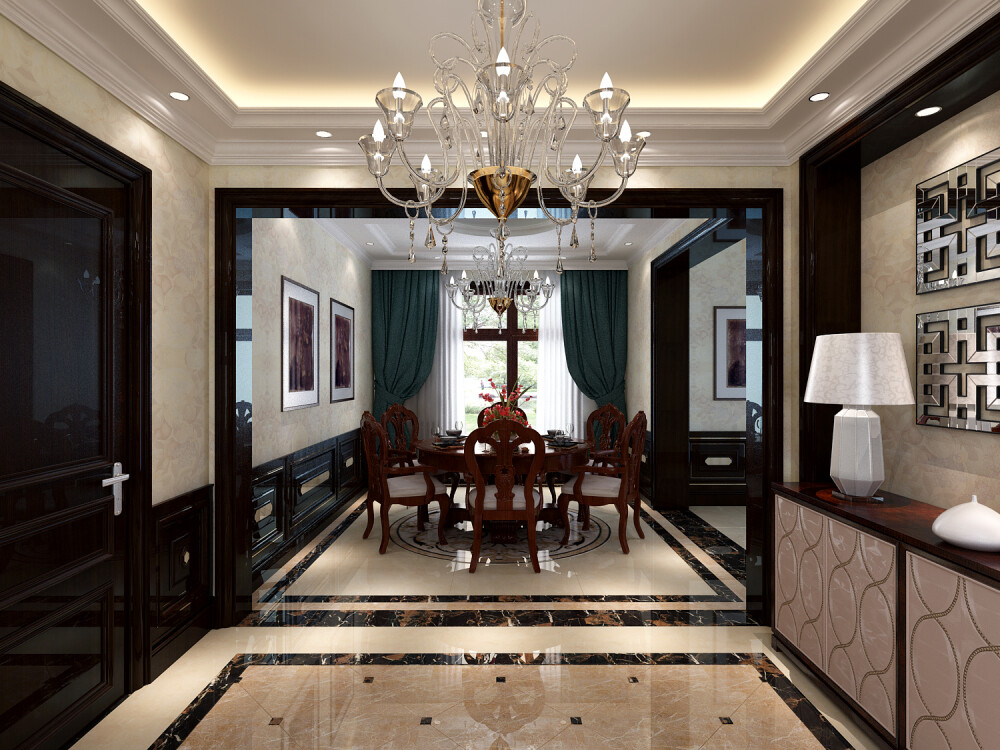 采用石材和实木，并用华丽的雕花营造气氛。用精美四边形和八边形组合的吊顶、水晶吊灯，以烘托豪华效果。