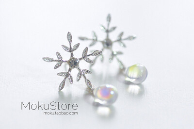 MokuStore●手工●清新森林系 镀银雪花+琉璃珠 耳钉[冰雪奇缘]