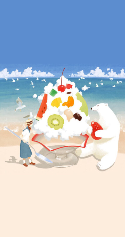 iPhone5s 壁纸 夏天 北极熊 冰淇淋 大海 海边 summer icecream