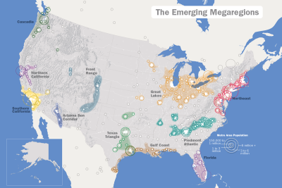 Megaregions of the United States 美国大都市圈 美国大都市圈是指一些由美国城市组成的集群网络，超过70％的美国居民居住于全美11个大都市圈中。由西向东：卡斯卡迪亚大都市圈（图中西北角绿色），北加州大都市圈…