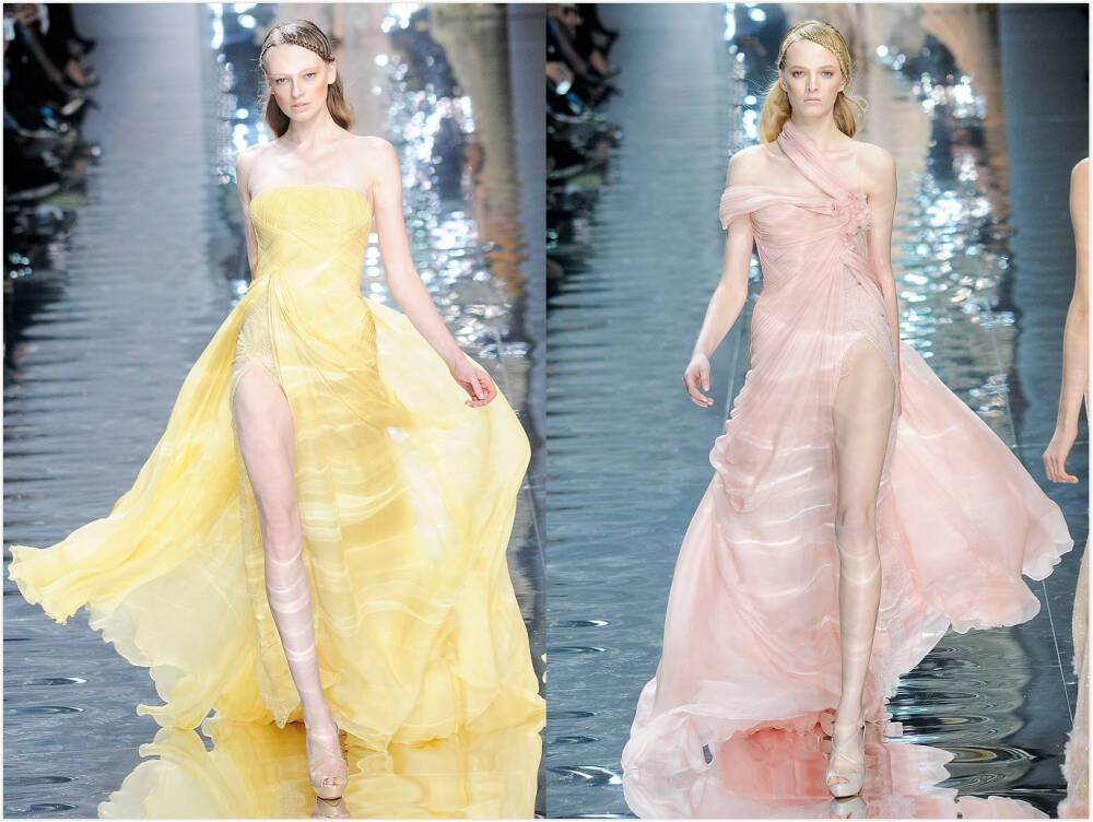 Elie Saab Haute Couture S/S 2010，主题为“Aquatic Garden”，波光涟漪的视觉效果描绘的是阳光照射于水生植物园中水珠与水面的莹莹反光