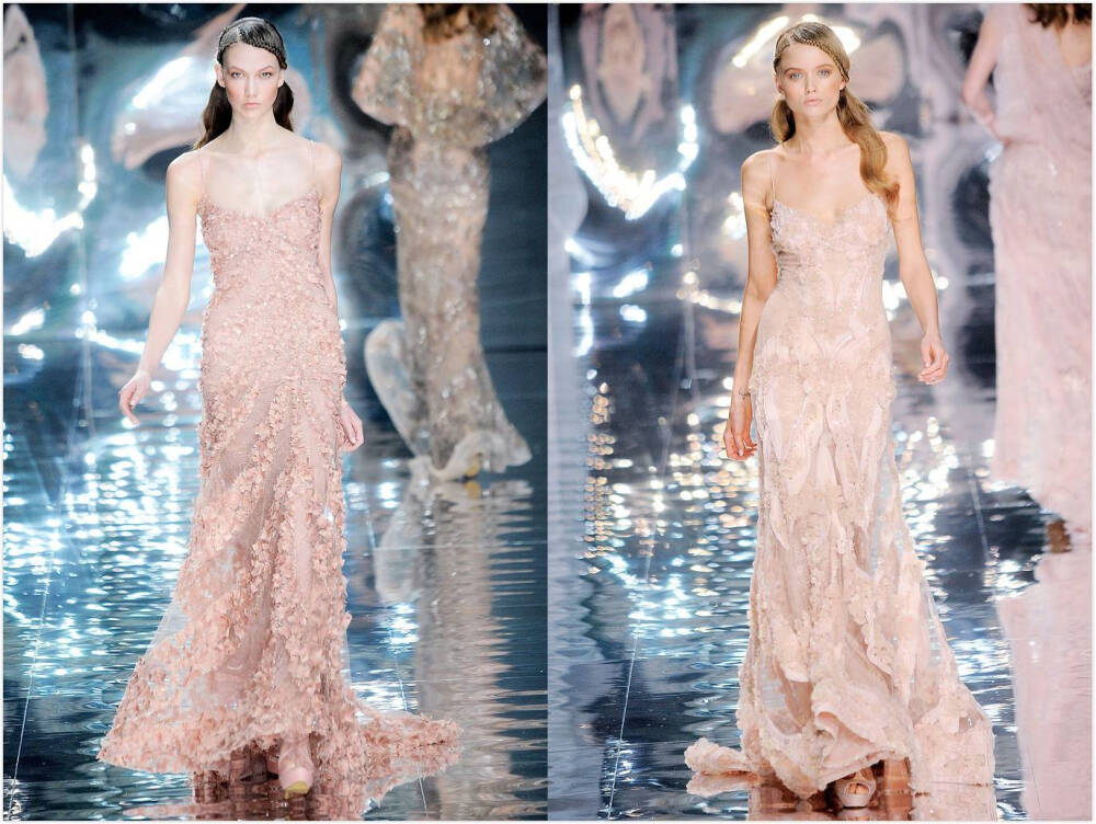 Elie Saab Haute Couture S/S 2010，主题为“Aquatic Garden”，波光涟漪的视觉效果描绘的是阳光照射于水生植物园中水珠与水面的莹莹反光