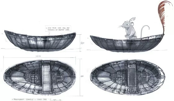 【图片】概念稿 概念稿中的划艇有藤条编扎的边饰和羽帜 颇为精致 但这不合雷佩契普舍弃尘世浮华前往阿斯兰国度的场景主题