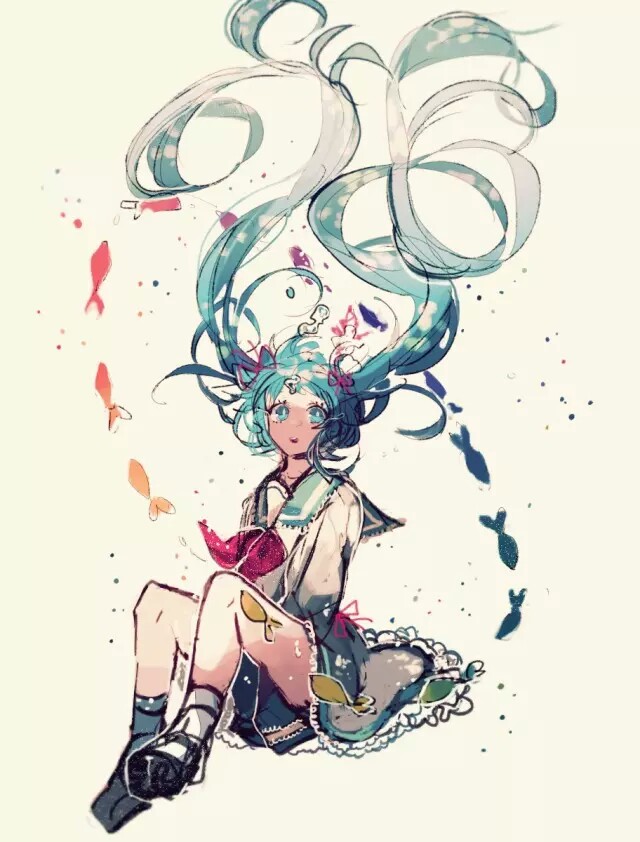 初音未来 miku 手绘 意境 双马尾 飞