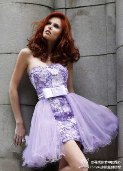 梦幻浅紫色短款礼服立体花朵