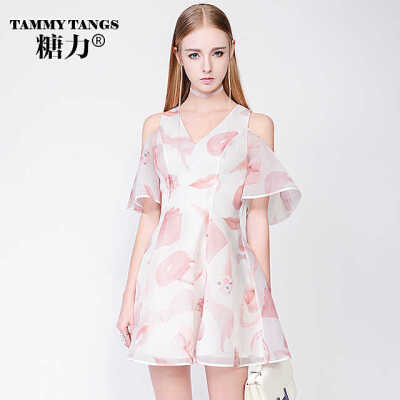 TAMMYTANGS2015夏季新品欧洲站欧根纱印花甜美度假V领露肩连衣裙