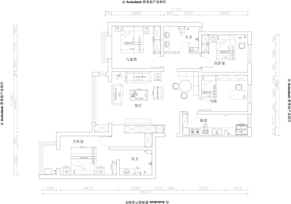 平面布置图 预算：全包10万 在功能上为业主做了明确的区分，增加衣帽间和鞋帽柜，更实用，方便。