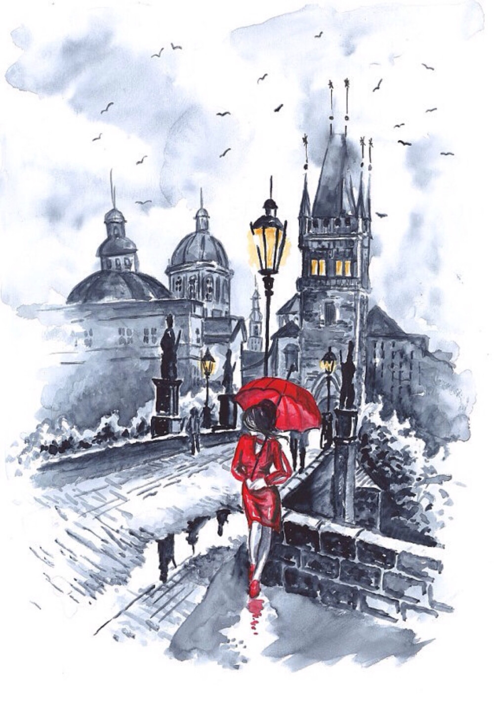 清新水彩画手绘人物建筑自然风景清新淡雅唯美插画