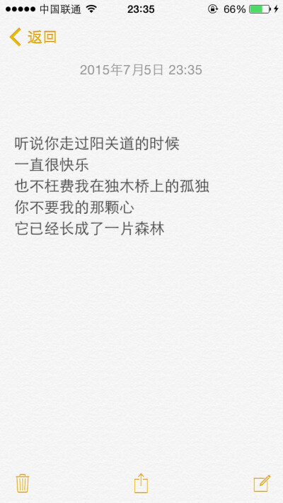 听说你走过阳关道的时候 一直很快乐 也不枉费我在独木桥上的孤独 你不要我的那颗心它已经长成了一片森林