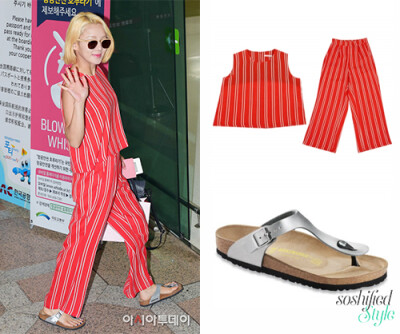 Celebee: Red Striped Two Piece @ celebee.co.kr ₩98,800 Birkenstock: Silver Birko-Flor Gizeh Sandals @ birkenstockusa.com $94.95