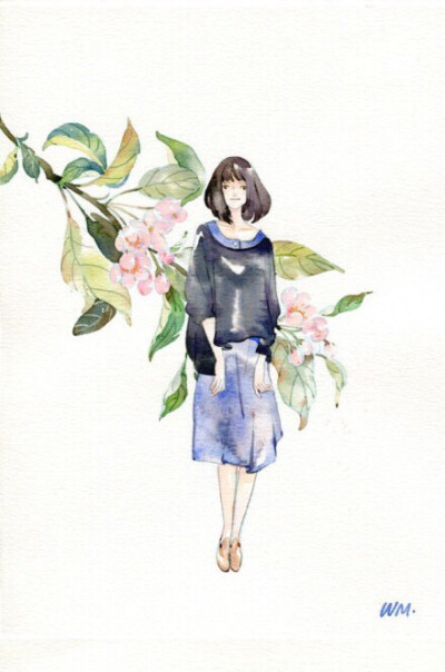 手绘 水彩 恬静 少女与花