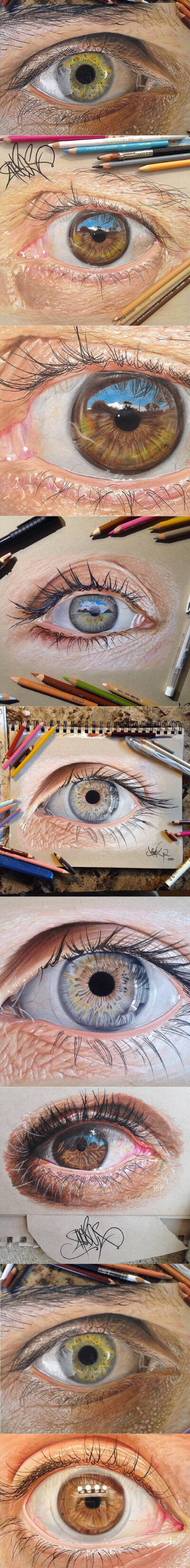 19岁的德克萨斯艺术家Jose Vergara，用彩色铅笔创作了这些笔法精细的眼睛画作，眉目间形神具备，丝毫不逊色于拍摄的数码作品，很让人震惊。