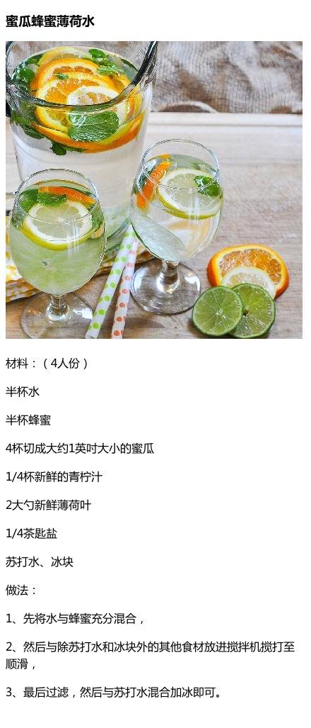 『蜜瓜蜂蜜薄荷水』 【九款美味健康自制果味水】 酸酸甜甜的果味水，味道棒棒的又能瘦身哒，冰冰爽爽一夏天~#冰饮#