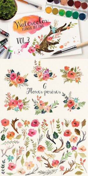 【绘画素材】清新的花卉花朵素材 Watercolor flower DIY pack Vol.3 by Graphic Box on Creative Market