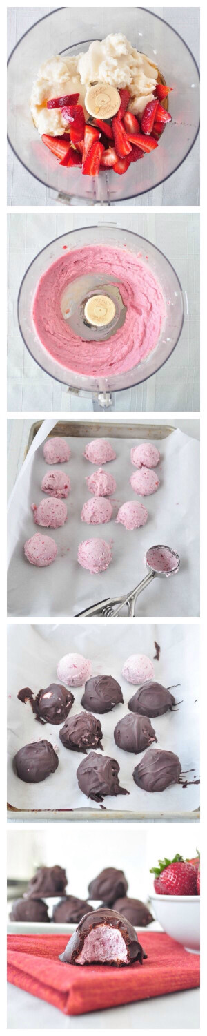 草莓松露巧克力 可以自己做哦 做法  新鲜草莓50g 软化椰子黄油50g 糖浆10g 牛奶15g 混合打匀 用勺子做出圆形 裹上融化后稍微冷却的巧克力 冷藏定型后就可以吃啦