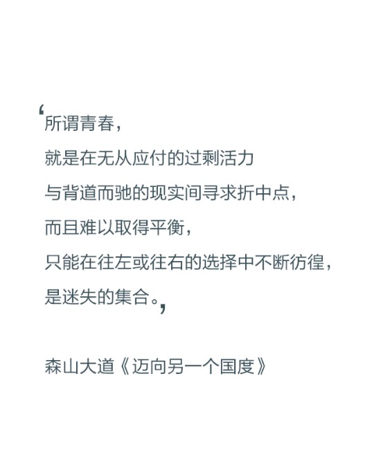 所谓青春，就是在无从应付的过剩活力与背道而驰的现实中寻求折中点，而且难以取得平衡，只能在往左或往右的选择中不断彷徨，是迷失的集合。——森山大道《迈向另一个国度》