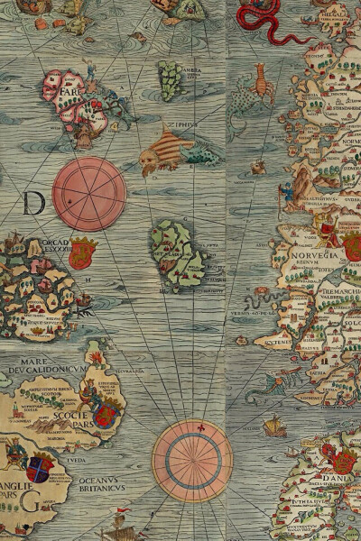 Carta Marina 海图：世界山第一幅绘有北欧五国的彩色地图，由瑞典神学家 Olaus Magnus 完成于1539年。