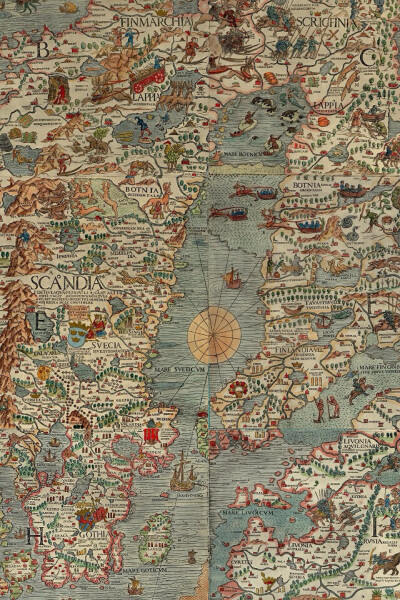 Carta Marina 海图：世界山第一幅绘有北欧五国的彩色地图，由瑞典神学家 Olaus Magnus 完成于1539年。