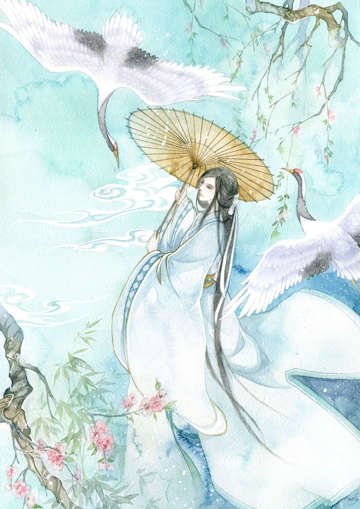 白鹤翩飞，仙境中，撑着纸伞。他是转世的鹤儿仙，昔日的爱人围绕他旋转，他也记不起来。