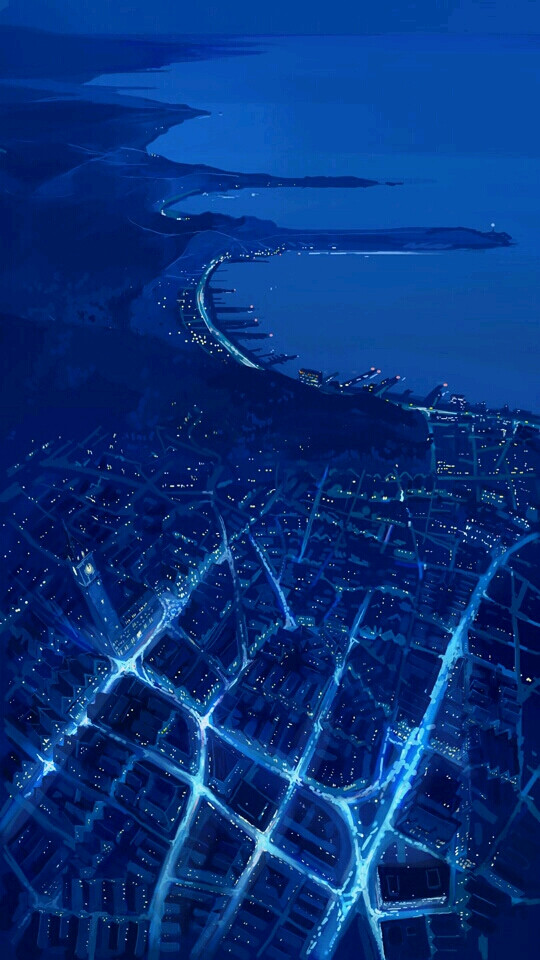 世上的路 夜空俯视城市景色 蓝色系插画@璟无chichu