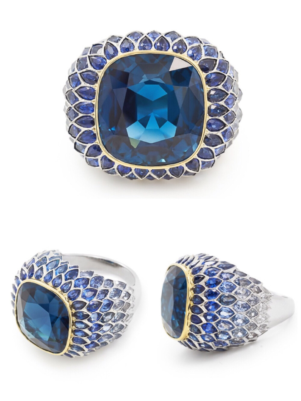 蓝色调戒指，来自 Tiffany 今年推出的 Blue Book 系列，以一颗蓝色碧玺为主石，戒面周围由蓝宝石过渡为无色钻石，呈现深海至近海不同层次的色彩。