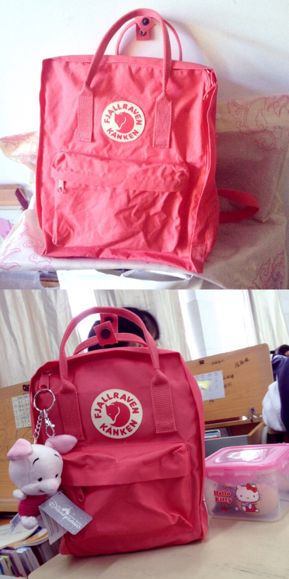 #夏天了晒包包#Fjallraven/北极狐Peach Pink桃粉色Classic&amp;amp;mini 大包刚洗过略皱 个人觉得颜色很适合夏天 小包配上香港迪士尼购入的piglet 简直不能再粉嫩！！