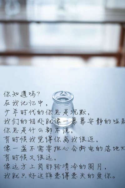  你知道吗？在我的记忆中，少年时代的你总是沉默，我们相处的画面就像一幕幕安静的默剧，你总是什么都不说，有时候我觉得你离我很近，像一盏不需要担心会断电的落地灯，有时候又很远，像远方山岗那轮清冷的圆月，我…