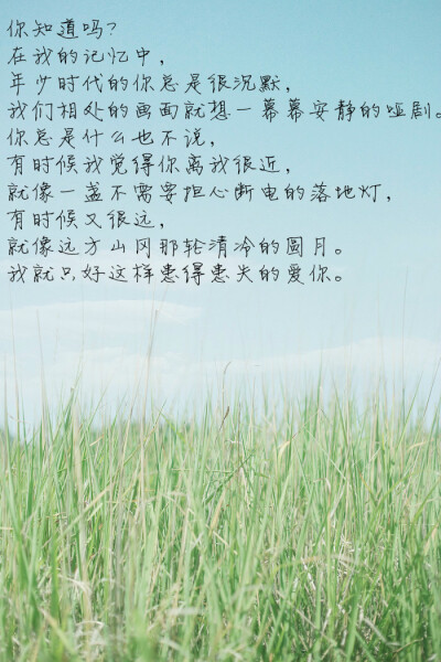  你知道吗？在我的记忆中，少年时代的你总是沉默，我们相处的画面就像一幕幕安静的默剧，你总是什么都不说，有时候我觉得你离我很近，像一盏不需要担心会断电的落地灯，有时候又很远，像远方山岗那轮清冷的圆月，我…