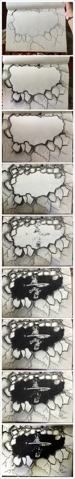 这是自己新画的创意设计素描、根据小伙伴口述描绘的、然后用材是一只马可硬炭、首先我们把大体轮廓打出来、然后开始加深周边、找到每块石头的点进行描黑处理、（这里我没有用刷子、因为觉得棉签比刷子好用、其实都可以看自己）然后就是继续描黑加深周边轮廓让它感觉有点3d效果、不需要很明显、其次先勾勒水滴、进行内部描黑涂黑、棉签擦一遍之后将笔削尖处理周边、在用棉签进行擦、最后一点用橡皮把多余的擦掉、也可以不擦、