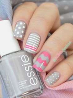 Grey and Pink Mix and Match Nails ~ base polish Essie Take it Outside, polka dots and stripes with Essie Blanc and further stripes and chevrons with Essie Off the Shoulder ~ by La Paillette Frondeuse