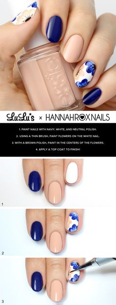 Nude and Navy Blue Floral Nail Tutorial - 15 Color Block Nail Art Tutorials for Summer 2015 | GleamItUp